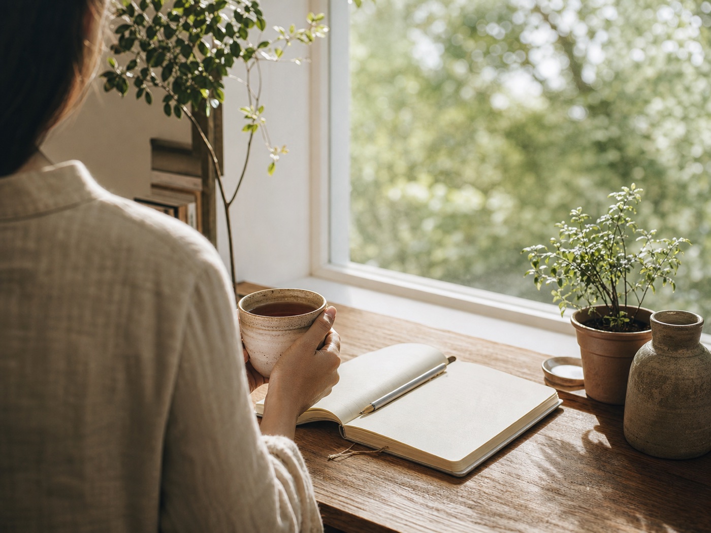 A bright, calm room overlooking trees