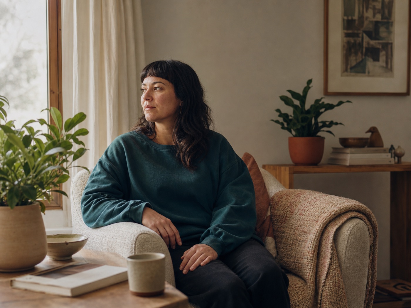 A woman sitting comfortably in a quiet room